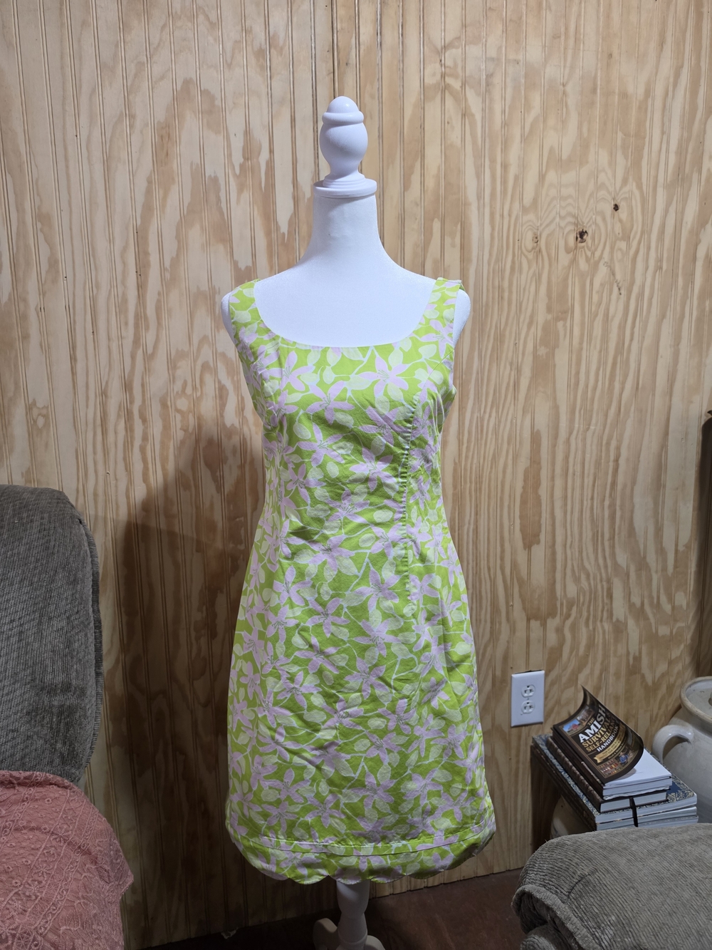 Lilly Pulitzer Lime Green & Pink Floral Scoop Neck Midi Dress